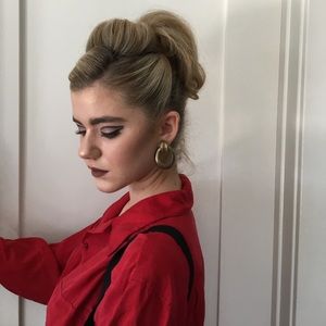 Red silk long sleeve button up.